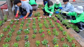 「ふれあい広場」花壇の植替えを行いました。